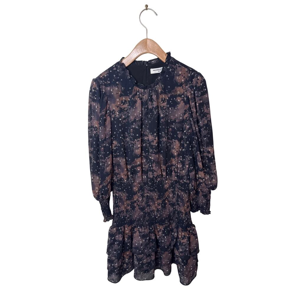 AMANDA UPRICHARD Smocked Printed Mini Dress Size Small Black